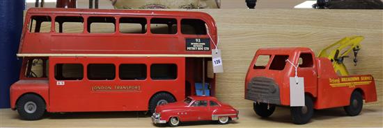 A Tri-ang tinplate double decker London bus and Breakdown Service truck and a Schuco Ingenico 5311 battery-operated car (3) bus 23in.